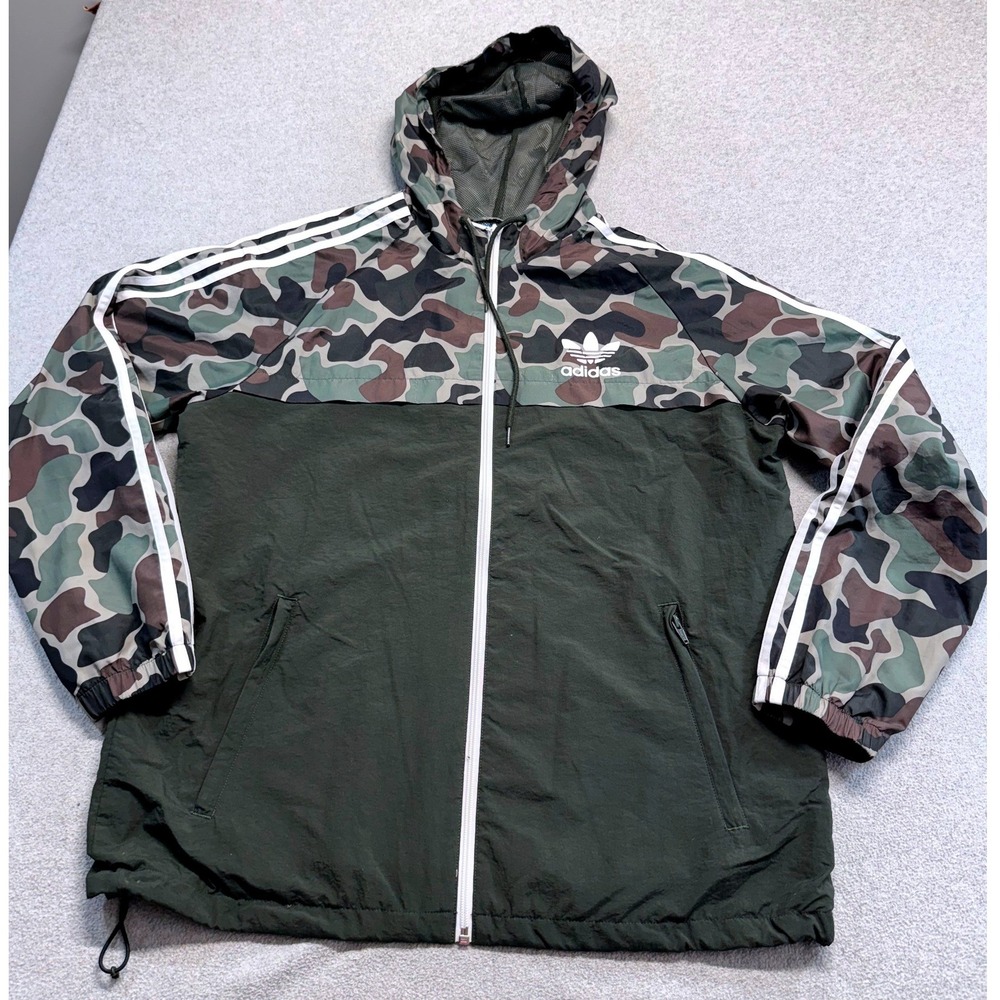 adidas Originals Mens L Camo Windbreaker Jacket Green Hooded 3 Stripe Trefoil